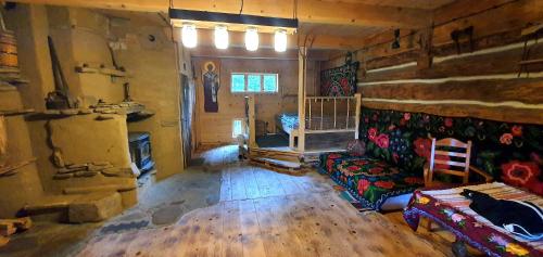 Polany的住宿－Molfar, Beskid Niski , połowa domu，带沙发和壁炉的客厅
