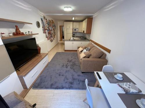 ein Wohnzimmer mit einem Sofa, einem Tisch und einem TV in der Unterkunft Laurel centro in Logroño