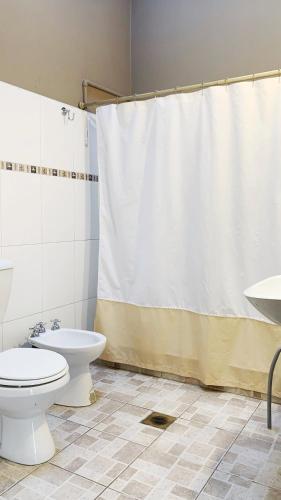 a bathroom with a toilet and a shower curtain at Alem Colonial - Mendoza in Mendoza