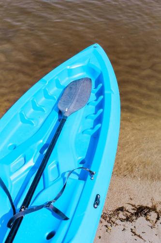 a blue kayak sitting on the sand next to the water at Rojo Manglar Acapulco in Acapulco
