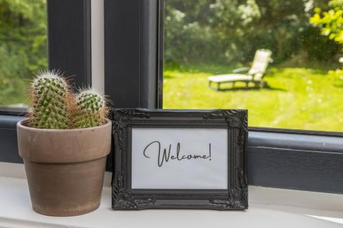 un marco de imagen y un cactus en el alféizar de la ventana en Vebenabos 69 'De Tuureluur', en Koudekerke