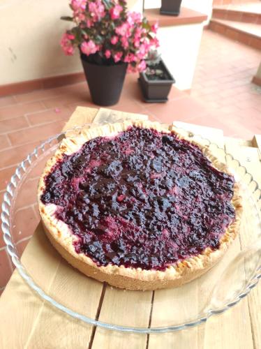 a blackberry pie sitting on a glass plate on a table at Sonnellino in Maremma in Massa Marittima