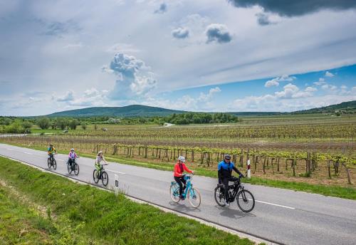 a group of people riding bikes down a road at Dobosi Birtokközpont in Szentantalfa