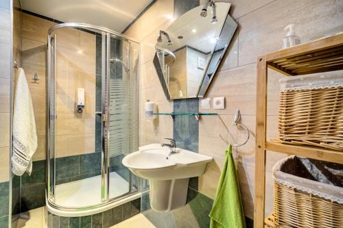 a bathroom with a sink and a shower at APARTAMENT KWIATOWY Krynica Zdrój in Krynica Zdrój