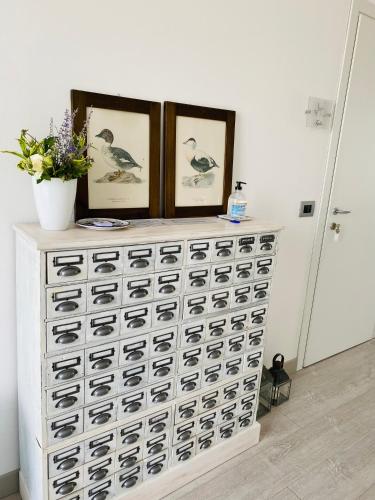 a dresser with three pictures of birds on top of it at Green House in campagna in Melara