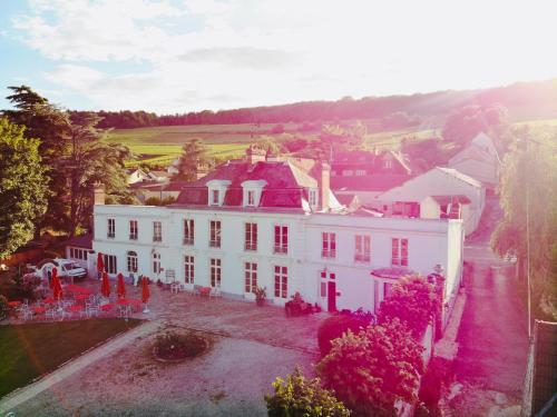 an aerial view of a large white house at Logis Hôtel & Restaurant Chateau de la Marjolaine in Essômes-sur-Marne