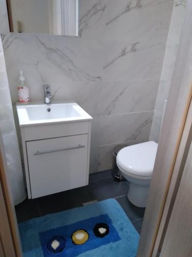 a bathroom with a sink and a toilet and a blue rug at Little Beauty - HappyHostGr - in Platamonas in Platamonas