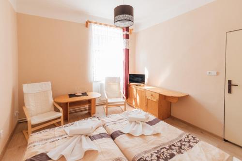 1 dormitorio con 1 cama, mesa y sillas en Hotel Pod Zámkem en Vranov nad Dyjí