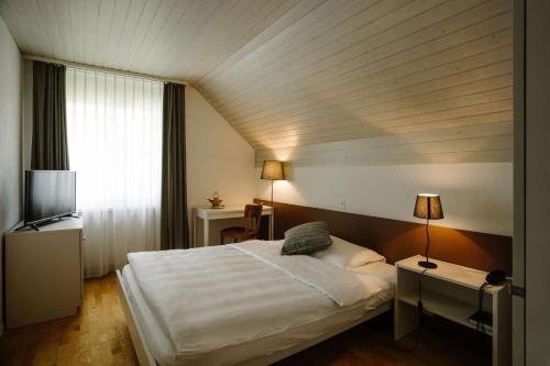 ein Hotelzimmer mit einem Bett und einem TV in der Unterkunft Landgasthof Bären in Madiswil