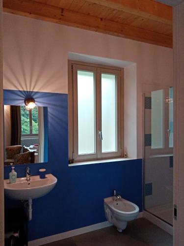a bathroom with a sink and a toilet and a mirror at B&B La Corte del Segrino in Canzo
