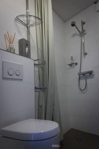 a white bathroom with a shower and a toilet at Studio PolderPoort in Kampen