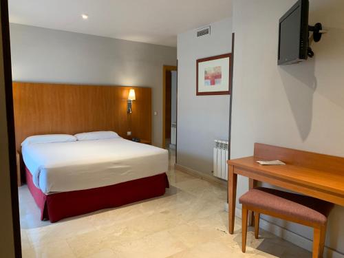 a bedroom with a bed and a desk and a television at Exe Gran Hotel Almenar in Las Rozas de Madrid