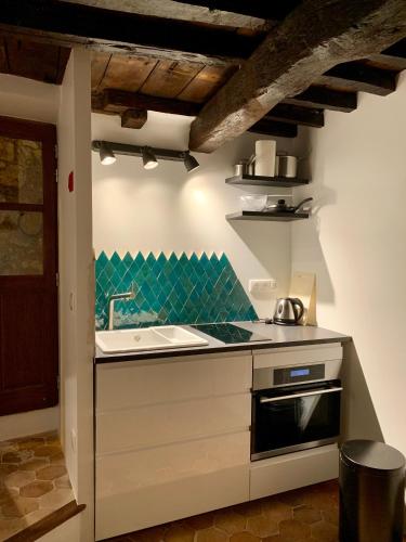 une cuisine avec un évier et une cuisinière dans l'établissement Confortable studio à Mons, au calme absolut, à Mons