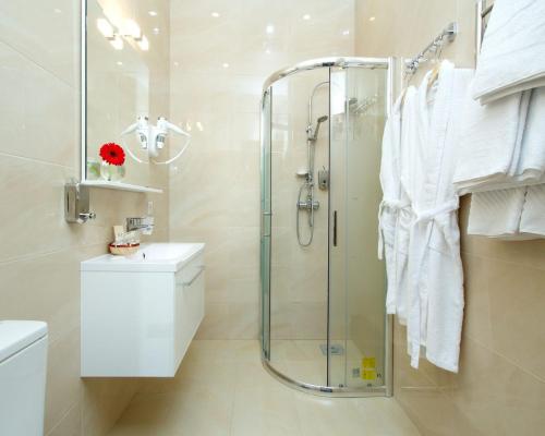 e bagno con doccia, servizi igienici e lavandino. di Hotel Golden Age a San Pietroburgo