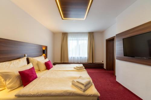 a hotel room with a bed and a flat screen tv at Bohemia Inn Hotel in Turnov