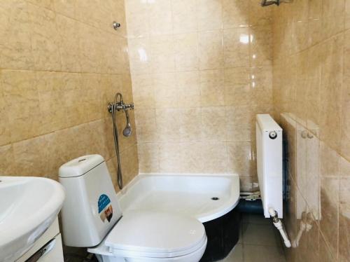 a bathroom with a toilet and a sink and a shower at Гостиница Глория in Pyatigorsk
