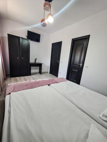 a bedroom with a large bed and two doors at Pensiunea Lavanda, Piatra-Neamț in Piatra Neamţ