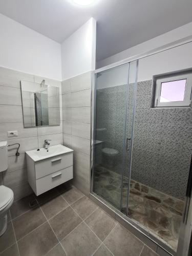 a bathroom with a shower and a toilet and a sink at Pensiunea Lavanda, Piatra-Neamț in Piatra Neamţ