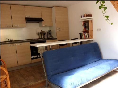 Cocon duplex à la ferme في Boutx: أريكة زرقاء في غرفة مع مطبخ