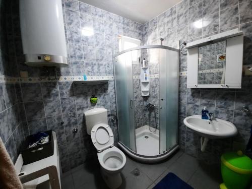 a bathroom with a shower and a toilet and a sink at Holiday Home Panorama House in Herceg-Novi