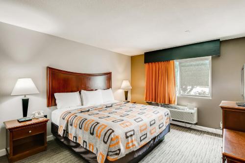 a hotel room with a bed and a window at Orangewood Inn and Suites Midtown in Austin