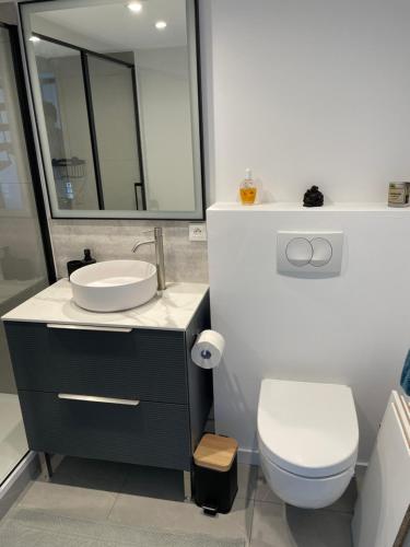 ein Badezimmer mit einem Waschbecken, einem WC und einem Spiegel in der Unterkunft Appartement comptemporain vue mer in Grimaud
