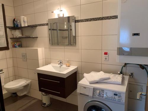uma casa de banho com uma máquina de lavar roupa e um lavatório em Feriendorf am hohen Bogen Haus 98 EG em Arrach