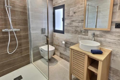 een badkamer met een toilet, een wastafel en een douche bij Studio tout confort, terrasse, calme Moustiers #7 in Moustiers-Sainte-Marie
