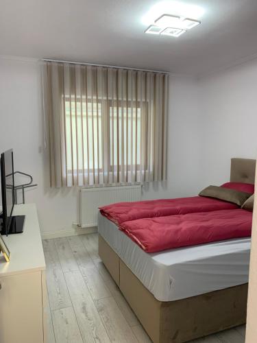 - une chambre avec un lit doté de draps rouges et une fenêtre dans l'établissement AP Studio, à Caransebeş