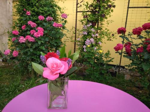 a vase filled with pink flowers sitting on a table at La chambre aux hirondelles in Ittenheim