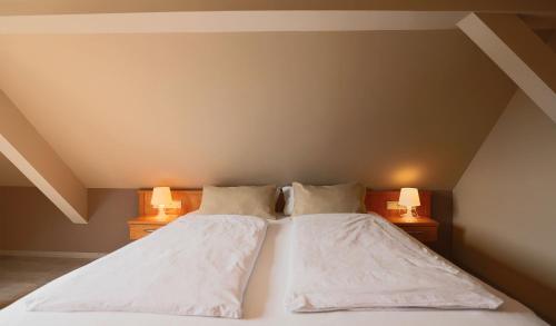 two beds in a attic room with two lamps at Hofgut Langenborn Wohnen auf Zeit möblierte Apartments Aschaffenburg Alzenau Frankfurt in Schöllkrippen