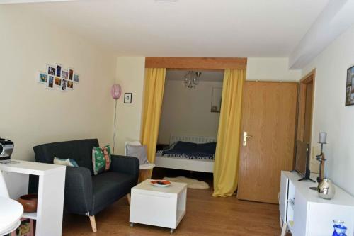 ein Wohnzimmer mit einem Sofa und einem Bett in der Unterkunft Elbwald-Studio in Hitzacker