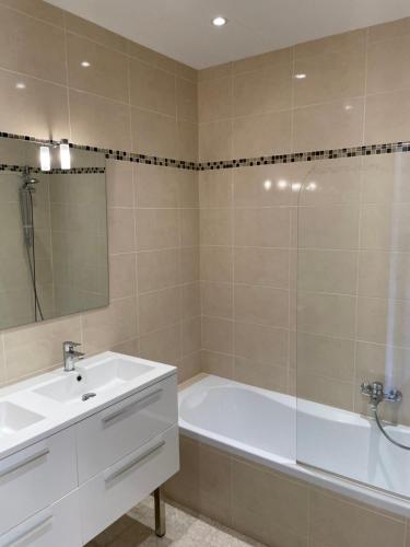 une salle de bain avec une baignoire, un lavabo et un miroir dans l'établissement Appartement spacieux au calme à Nice, à Nice