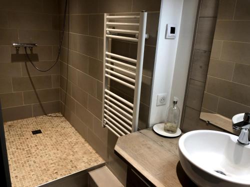 une salle de bain avec un lavabo et une douche avec un lavabo dans l'établissement Gite du Chalet Barnabas Relais Motards, à Saint-Martin-de-la-Porte