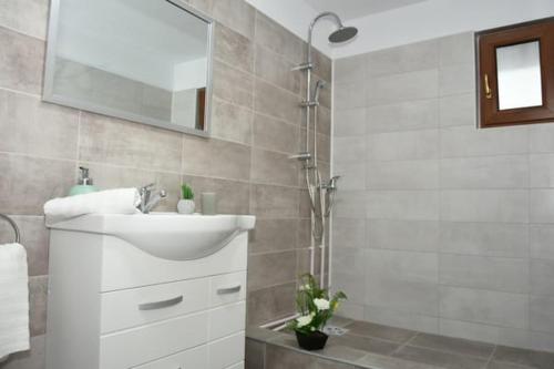 a white bathroom with a sink and a shower at CASA DIN SAT in Eşelniţa