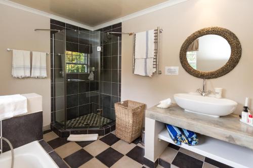 a bathroom with a shower and a sink and a mirror at Cornerway House in Plettenberg Bay