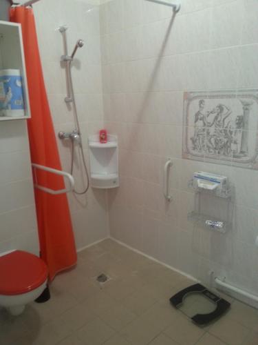 La salle de bains est pourvue d'une douche et de toilettes avec une porte rouge. dans l'établissement La Plage, à Cagnes-sur-Mer