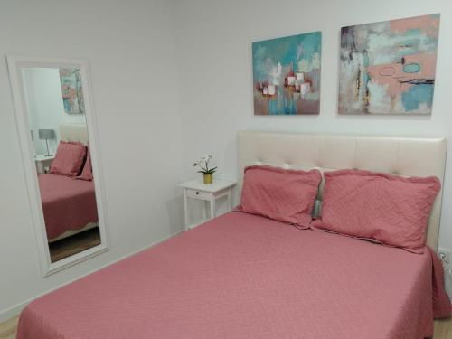 a bedroom with a bed with pink sheets and a mirror at Moradia Gina in Nazaré