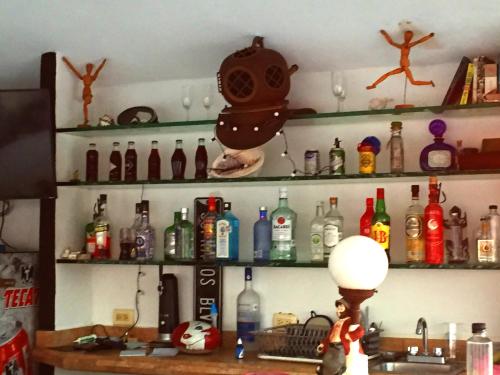 a room with a bunch of bottles on the wall at Villa Palmitas acogedor departamento nivel piscina gigante jardines in Acapulco