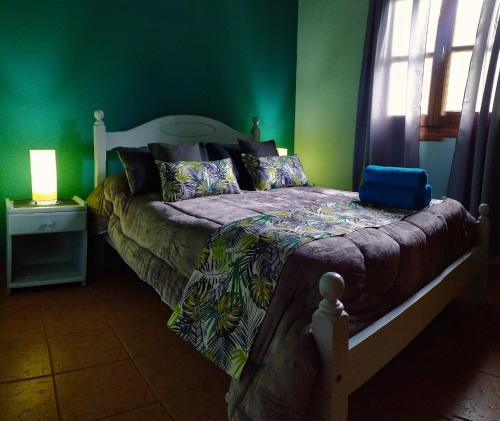 a bedroom with a bed in a green wall at Cabañas Cascada Escondida in El Bolsón