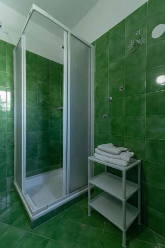 a green bathroom with a shower and green tiles at Apartment Kukljica 5 in Kukljica