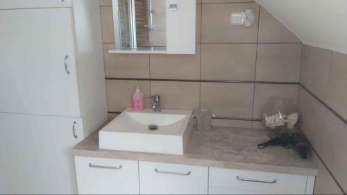 Un baño con un lavabo blanco y un espejo. en Apartment in Balatonmariafürdo 19297, en Balatonmáriafürdő