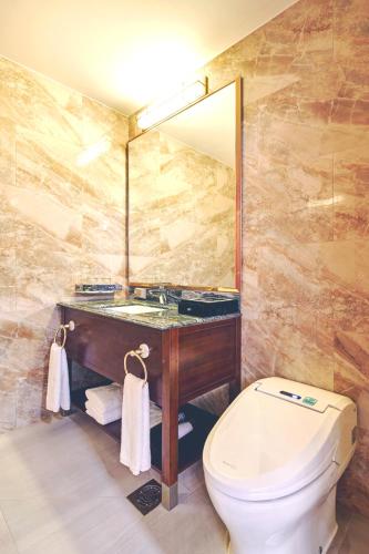 a bathroom with a toilet and a sink and a mirror at GoldOne Hotel & Suites in Seogwipo