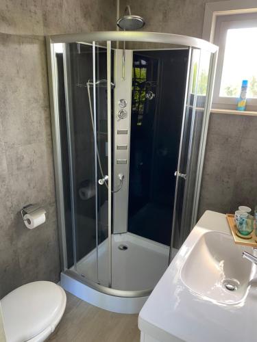 a bathroom with a shower and a toilet and a sink at Beau Sejour in Heuvelland