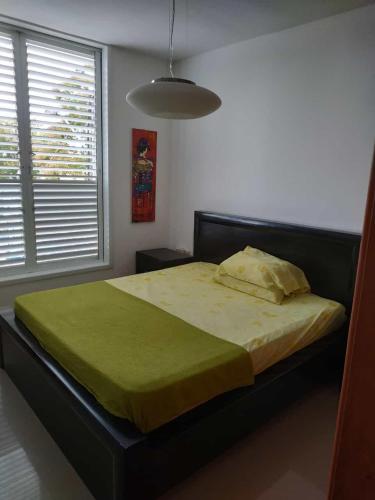 a bedroom with a large bed with a green blanket at Marshov Rehovot - Apartment in center of Rehovot near shopping mall and Weizmann Institute in Rechovot