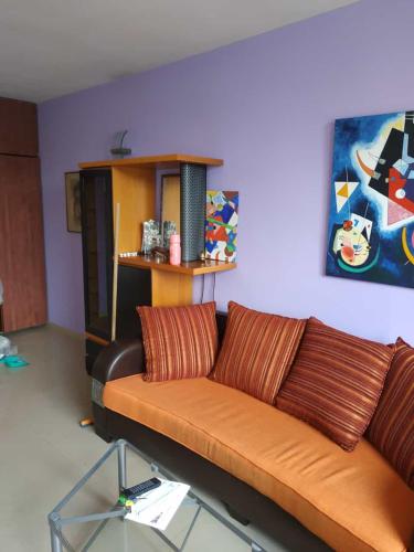 ein Wohnzimmer mit einem braunen Sofa und einem Gemälde in der Unterkunft Marshov Rehovot - Apartment in center of Rehovot near shopping mall and Weizmann Institute in Rechovot
