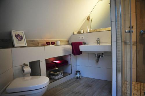 a small bathroom with a toilet and a sink at Ferienwohnung Storchennest Spreewald in Burg Kauper