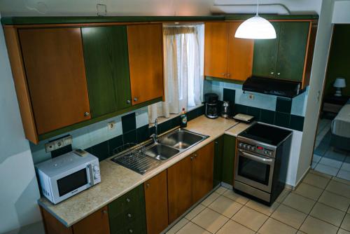 a kitchen with wooden cabinets and a sink and a microwave at Tasos Seagull apartments in Chania