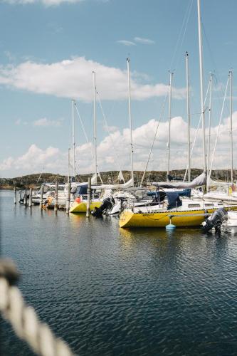 a group of boats docked at a dock in the water at Björholmen Hotell & Restaurang in Björholmen