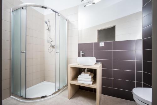 uma casa de banho com uma cabina de duche em vidro e um lavatório. em Kampus Palace em Ostrava